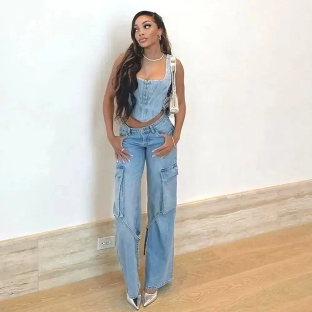 NWT ZARA Mid Rise Cargo Wide Leg Jeans Blue Size 6 - Picture 2 of 10